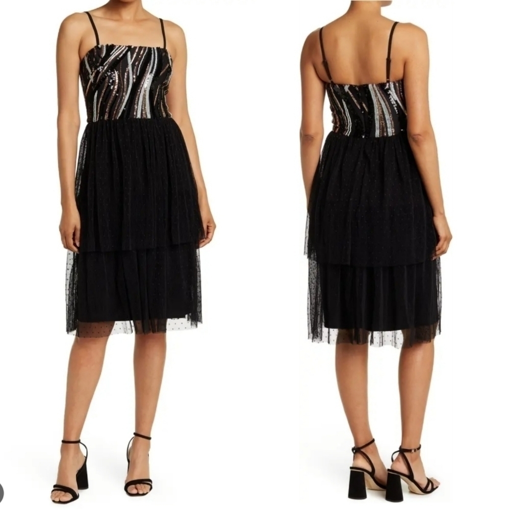 New DRESS THE POPULATION Sequin Block Print Tiered Midi Dress NWT Size XS